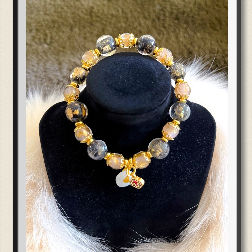 Colorful incense grey glass, black powder gold pearl bracelet